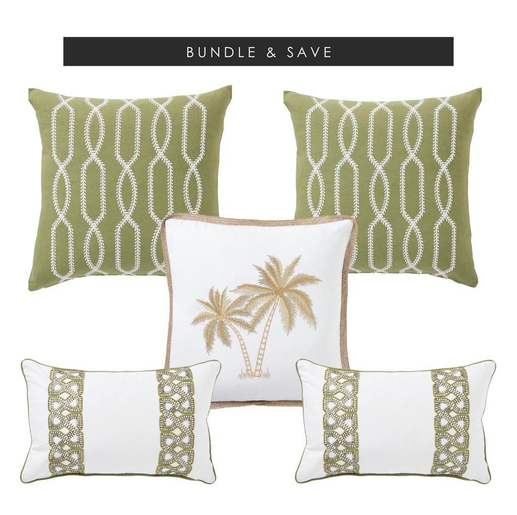 Cayman Elegance pillow bundle featuring three tropical throw pillows: Royal Mirage Palms (50x50cm), Cayman Style (30x50cm), and Cayman Lattice (50x50cm). Perfect for coastal and beach house decor.