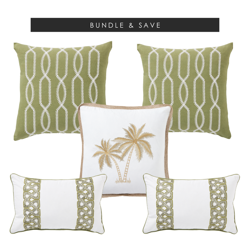 Cayman Elegance pillow bundle featuring three tropical throw pillows: Royal Mirage Palms (50x50cm), Cayman Style (30x50cm), and Cayman Lattice (50x50cm). Perfect for coastal and beach house decor.