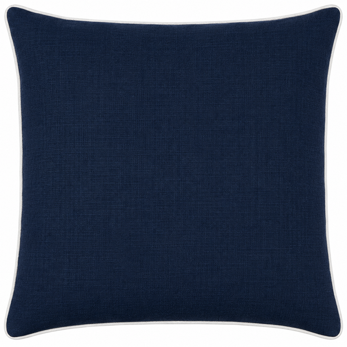 A square navy blue throw pillow with a subtle textured fabric and a thin white piped edge, shown against a plain white background.