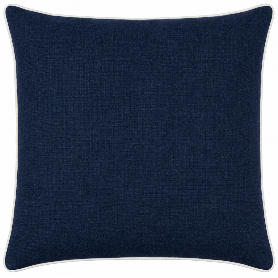 A square navy blue throw pillow with a subtle textured fabric and a thin white piped edge, shown against a plain white background.