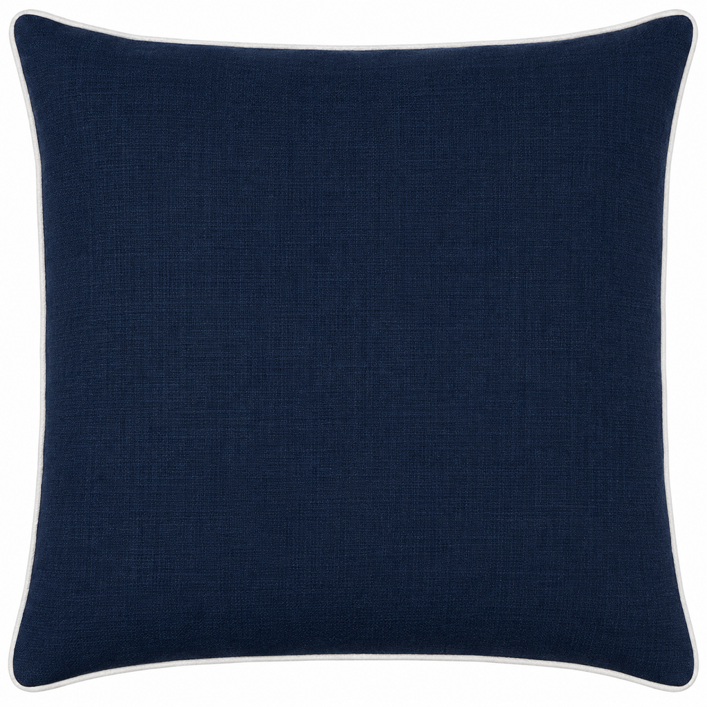 A square navy blue throw pillow with a subtle textured fabric and a thin white piped edge, shown against a plain white background.