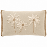 A rectangular beige throw pillow featuring embroidered palm trees in cream and tan, finished with a braided jute trim on the sides.