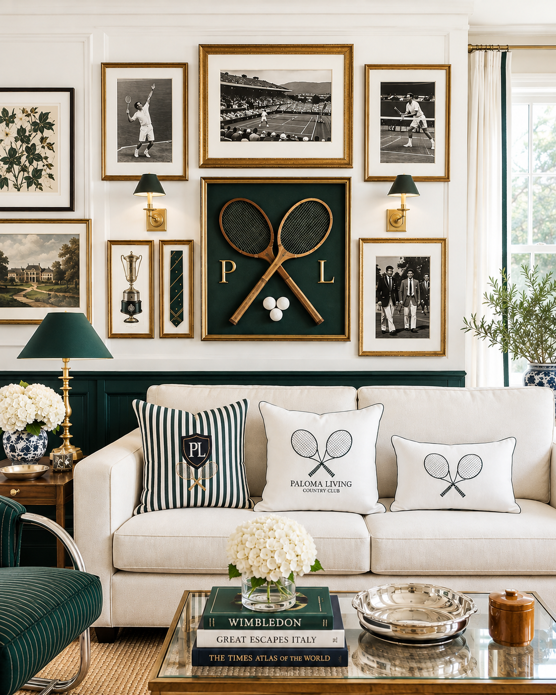 A styled living room featuring a white sofa with three tennis-themed pillows, a glass coffee table, and a wall gallery display of framed black-and-white sports photographs and a central framed sign with crossed tennis rackets and the letters P.L.