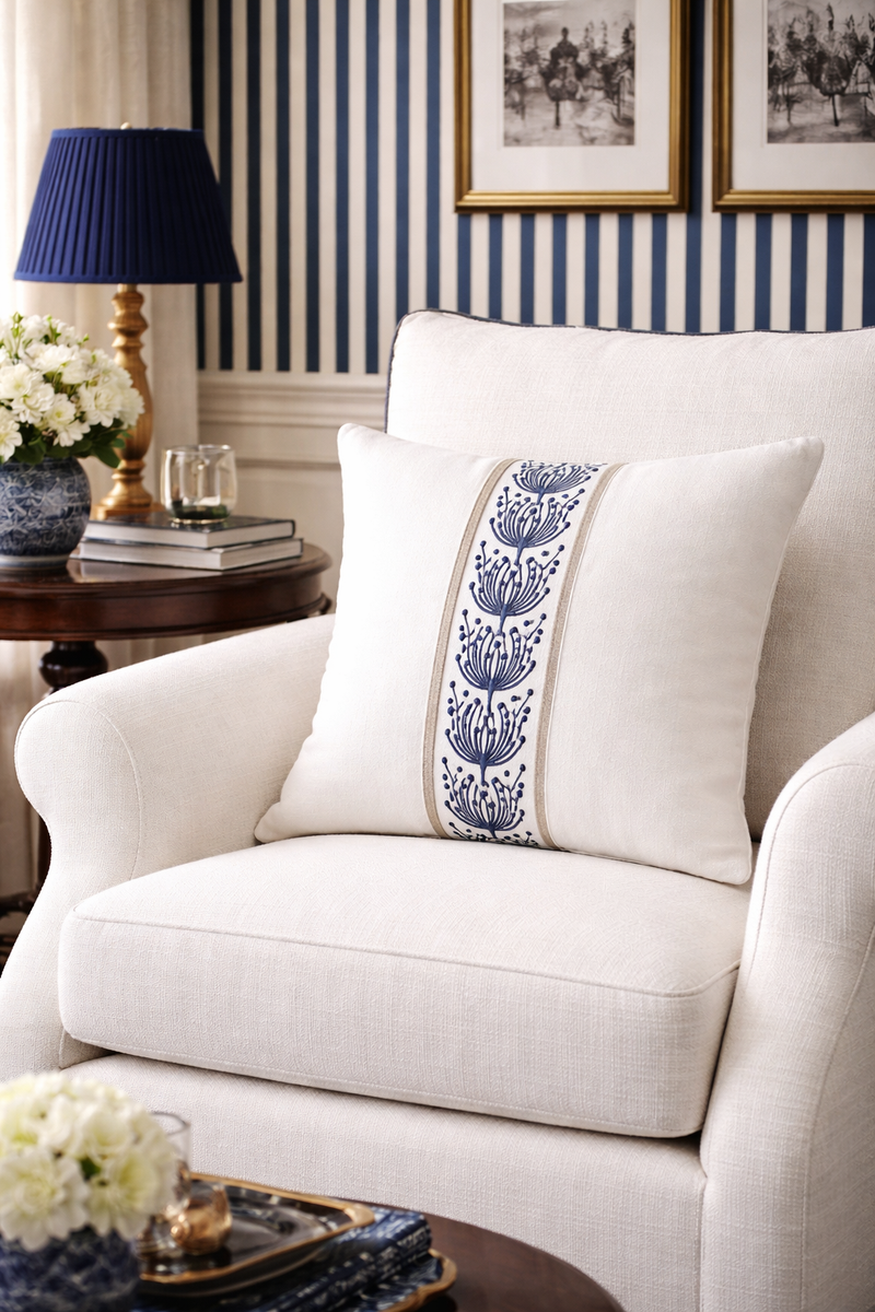 White armchair with a decorative pillow featuring blue patterns, placed in a room with striped wallpaper and framed pictures.