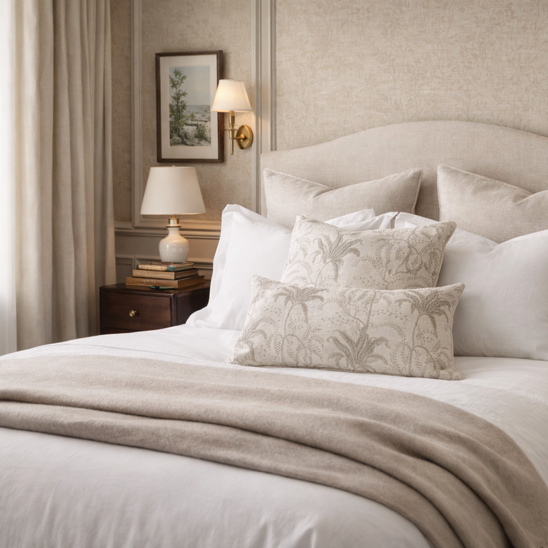 Neatly made bed with decorative pillows in a bedroom setting.