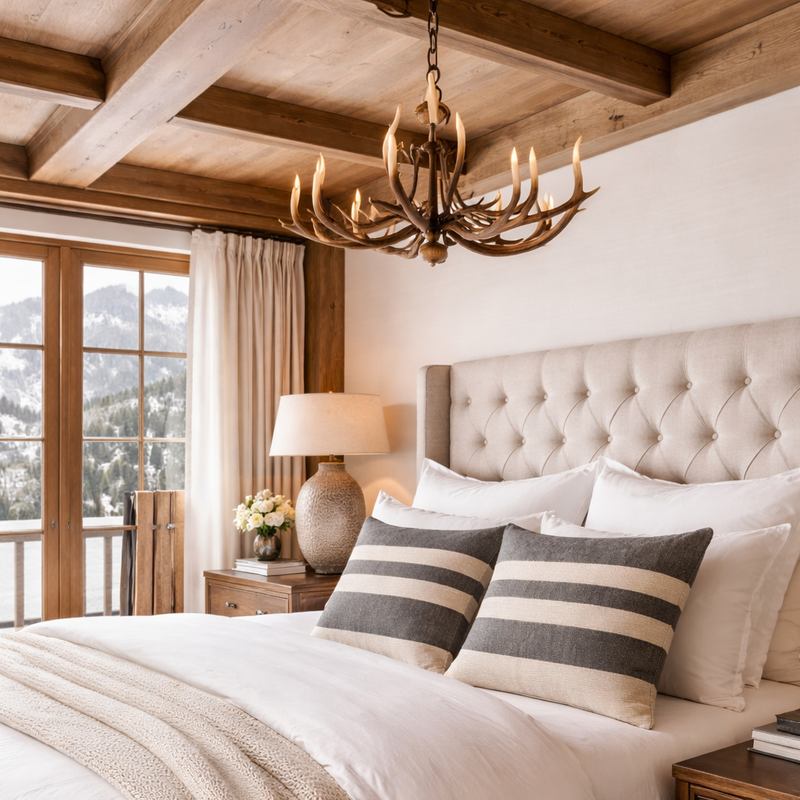 Cozy bedroom with a large bed, striped pillows, and a chandelier.