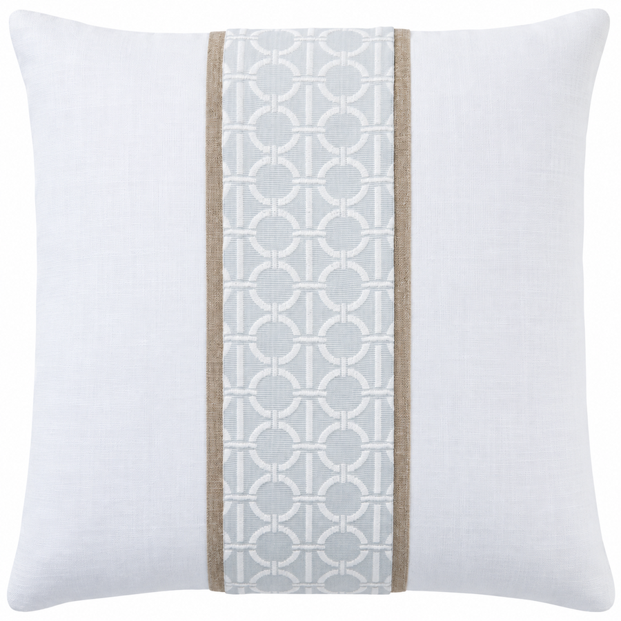 A square white throw pillow featuring a central vertical stripe with a light gray geometric trellis pattern and beige side borders.