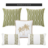 Cayman Elegance pillow bundle featuring three tropical throw pillows: Royal Mirage Palms (50x50cm), Cayman Style (30x50cm), and Cayman Lattice (50x50cm). Perfect for coastal and beach house decor.