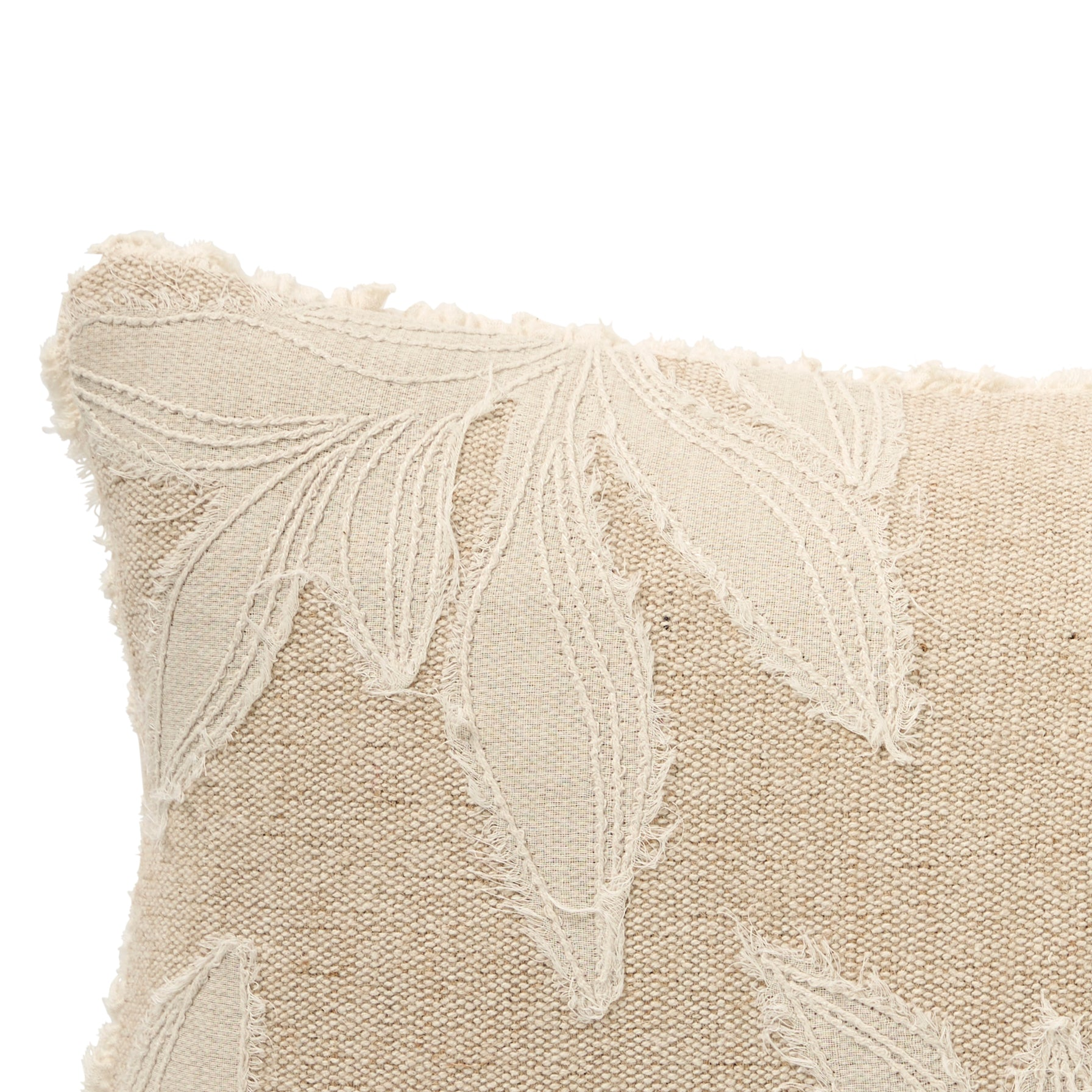 Detailed view of Luxury Coco Palms Pillow, 30x50, Applique and Embroidered Design with Jute Blend Edging