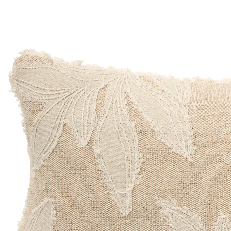 Detailed view of Luxury Coco Palms Pillow, 30x50, Applique and Embroidered Design with Jute Blend Edging
