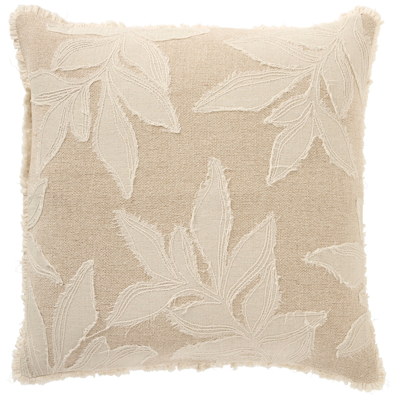 Coco Palms 50x50 cushion with 100% cotton and jute blend, featuring applique embroidery and decorative edging