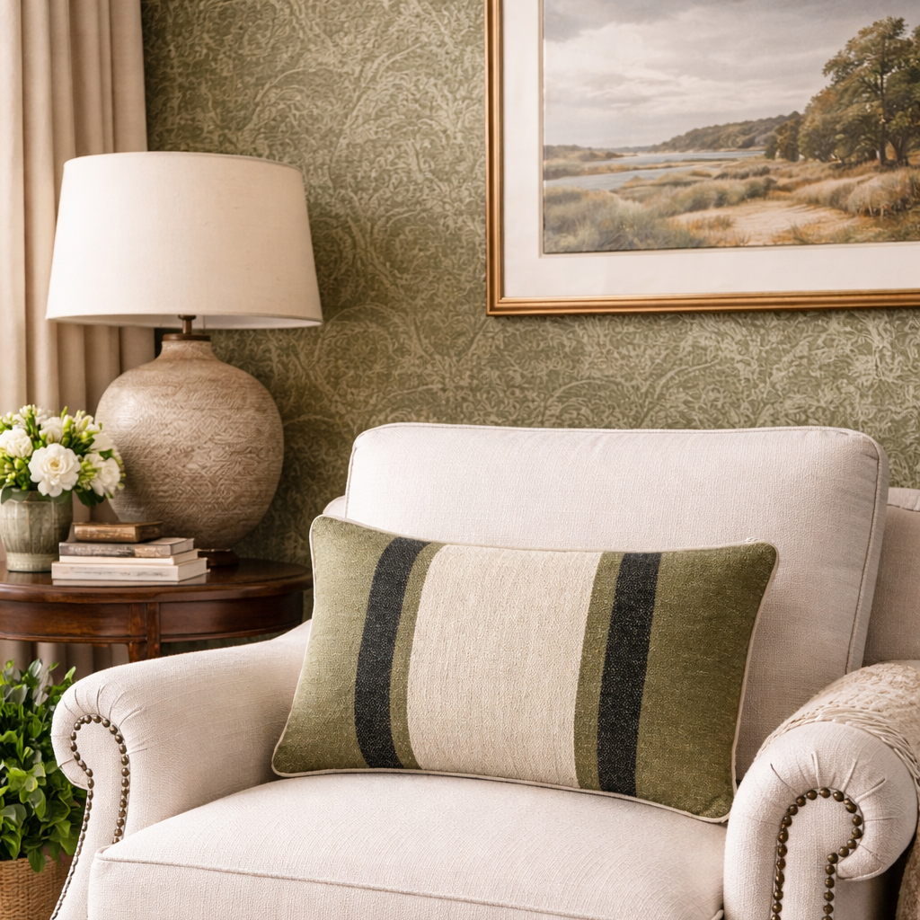 Beige armchair with a striped green pillow in a room with patterned wallpaper and a lamp.