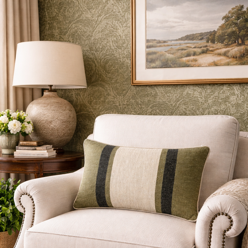 Beige armchair with a striped green pillow in a room with patterned wallpaper and a lamp.