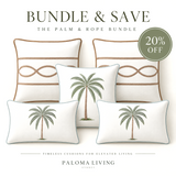 A promotional bundle image for the Palm & Rope Bundle by Paloma Living Sydney, featuring five decorative throw pillows on a light cream background. The set includes two square pillows with brown rope-style horizontal stripes and an infinity symbol, two rectangular pillows with green palm tree illustrations, and one central square pillow with a larger palm tree.