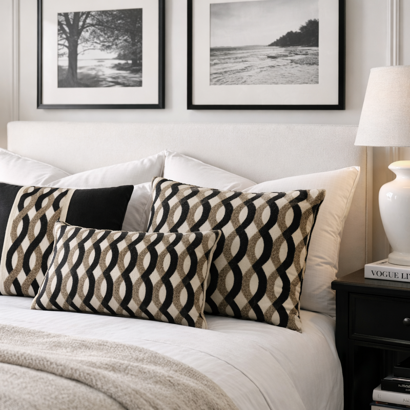 Neatly made bed with decorative pillows in a bedroom setting.