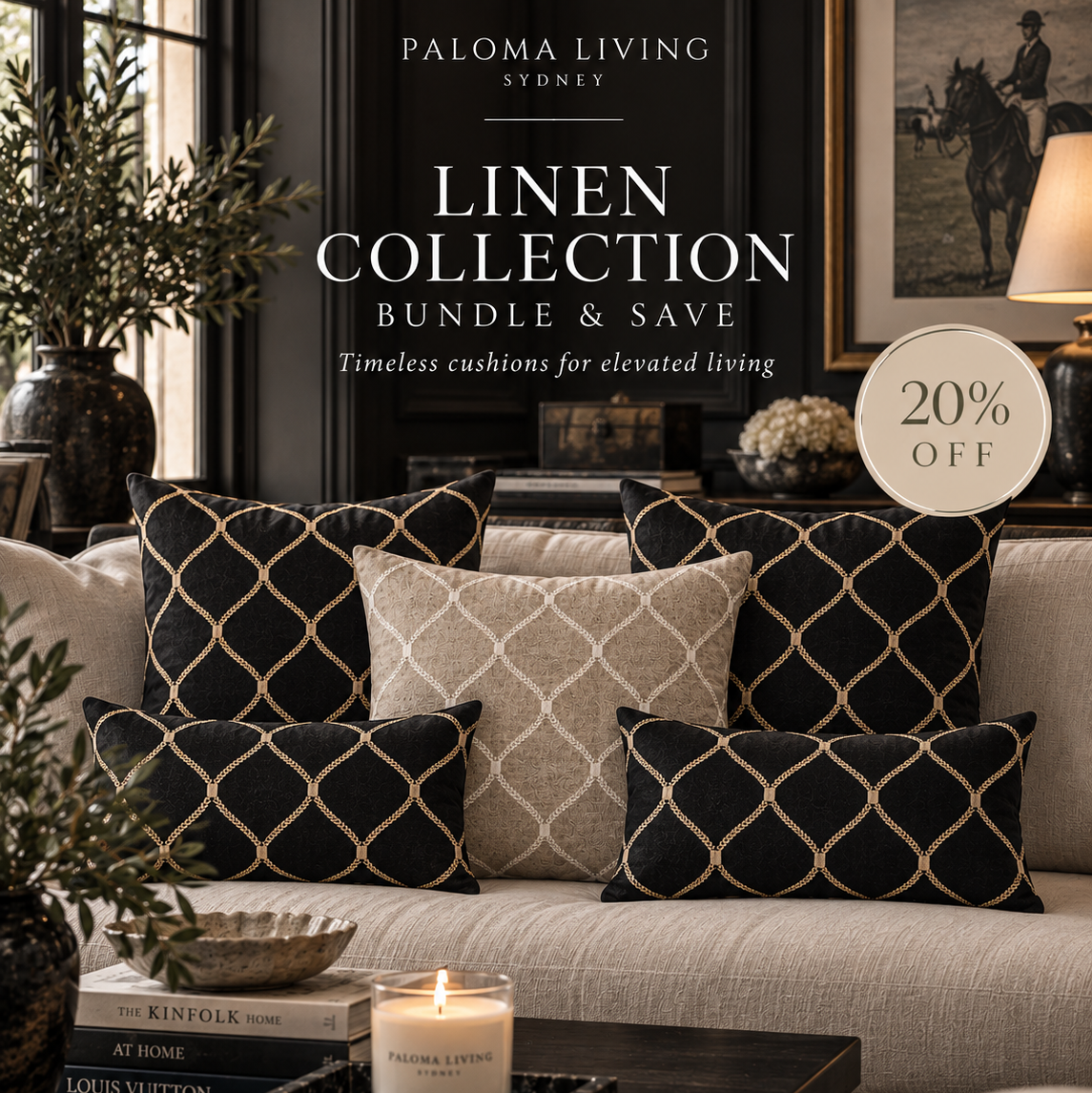 A styled interior scene showing a beige sofa with multiple decorative throw pillows in black and beige, overlaid with promotional text reading 'PALOMA LIVING SYDNEY', 'LINEN COLLECTION BUNDLE & SAVE', and '20% OFF'.