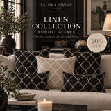 A styled interior scene showing a beige sofa with multiple decorative throw pillows in black and beige, overlaid with promotional text reading 'PALOMA LIVING SYDNEY', 'LINEN COLLECTION BUNDLE & SAVE', and '20% OFF'.